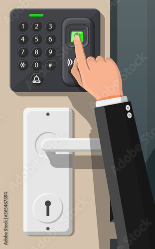 Password and fingerprint security device at office or home door. Access control machine or time the attendance. Proximity card reader. Vector illustration in flat style