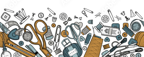 Seamless border. Handmade, sewing, embroidery, needlework items on a white background.