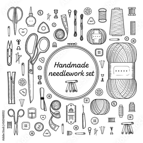 Set of sewing items monochrome color. Handmade, sewing, embroidery, needlework supplies.