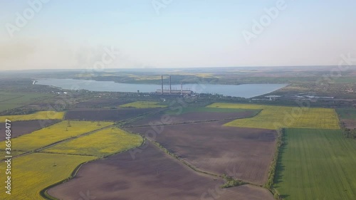 Aerial view Thermal power plant. Electricity generation from fossil fuels. Combustion of coal and fuel oil.. Burshtyn Ukraine. photo