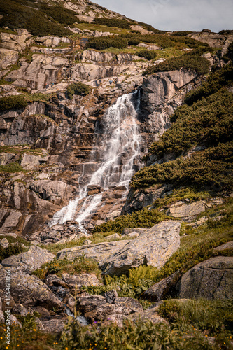 High waterfall on hike in the High Tatra mountains