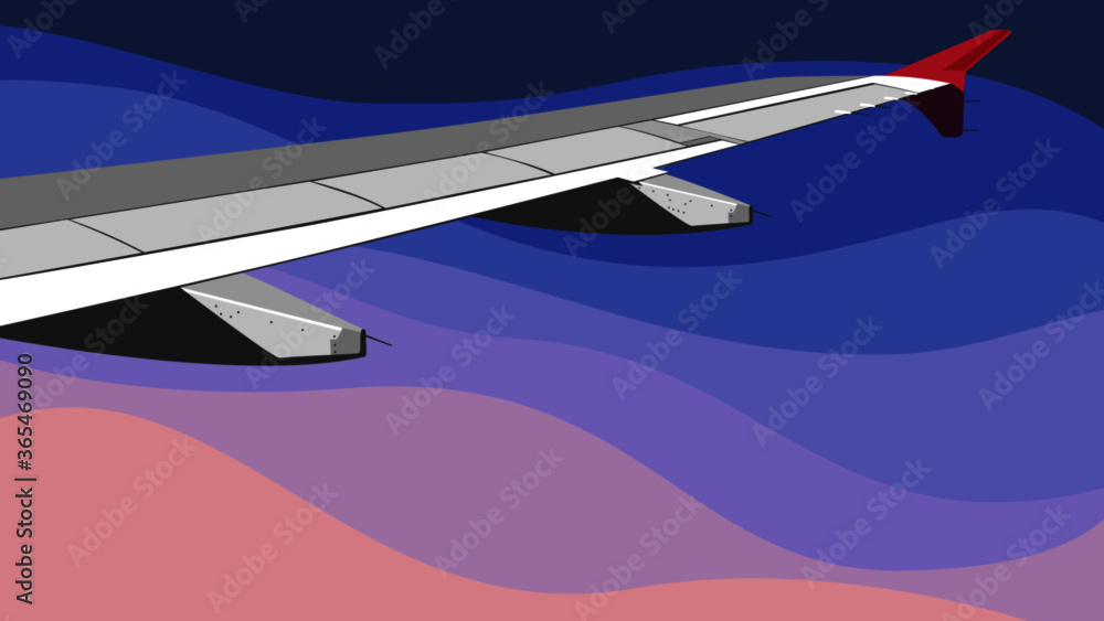 Fototapeta premium The gray wing of an airplane on a blue wavy background.