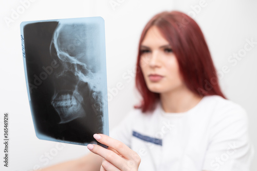 Dentist doctor checking dental x-ray orthopantomogram. Dental panoramic radiography photo