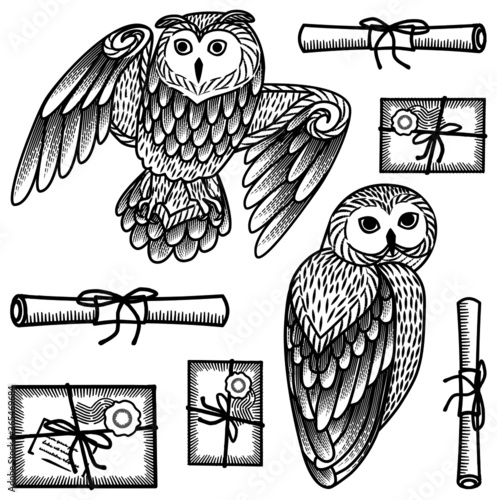 The owl postal service. Monochrome set of owls and letters in the style of engraving. Isolated objects on a white background.