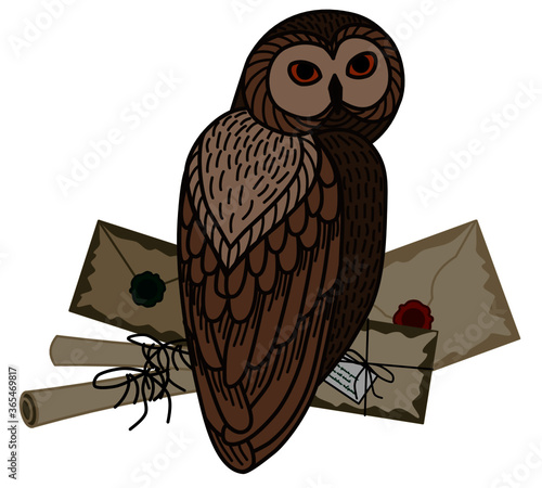 Card with an owl, scrolls and letters on a white background. The owl postal service.