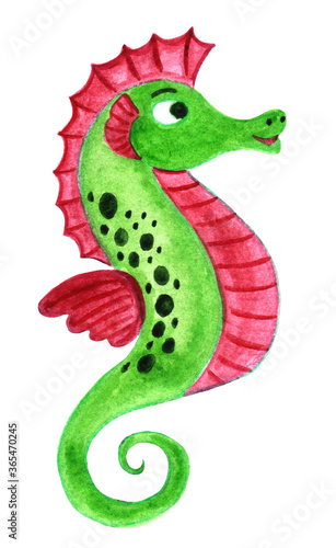 Watercolor green and pink cute cartoon hand drawn seahorse. Kids illustration