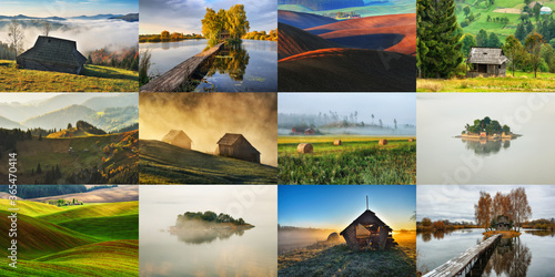 collection of photographs of houses in beautiful locations. collage on the theme of lonely houses. house in a quiet picturesque place