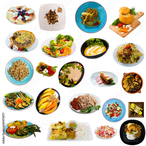 Set of vegetarian main courses, soups, salads, snacks and desserts isolated on white background