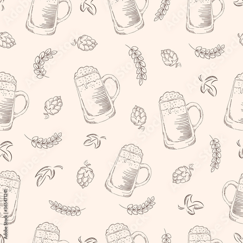 Hand drawn seamless beer pattern. Doodle style seamless pattern with beer, hop and wheat on beige background.