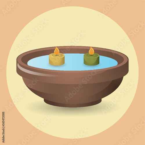 bucket of water with candles