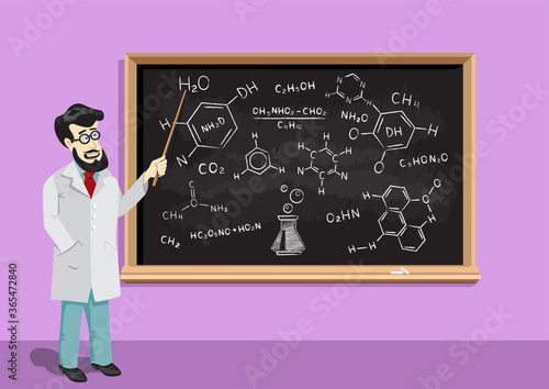 chemistry lesson on blackboard and teacher