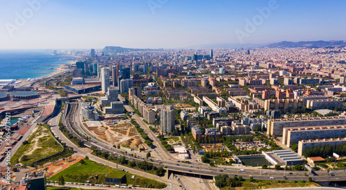 Aerial panoramic view of residential area of Diagonal Mar with modern high-rise buildings Barcelona, Spain