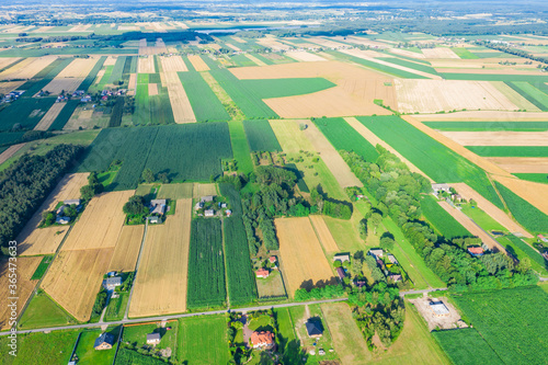 Aerial view of agricultural fields in Europe, Poland. Beautiful landscape. Captured from above with a drone