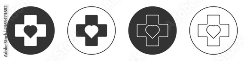 Black Heart with a cross icon isolated on white background. First aid. Healthcare, medical and pharmacy sign. Circle button. Vector Illustration.