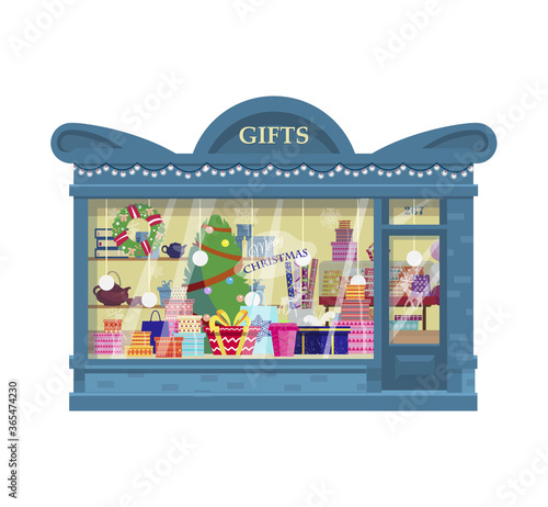 Vector gift shop filled with present boxes, wrapping paper rolls, Christmas presents, bags, tree, wreath, garlands, lights, balloons. Shop exterior. Flat.