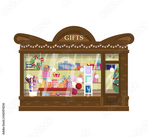 Vector gift shop filled with present boxes, wrapping paper rolls, Christmas presents, bags, tree, wreath, garlands, lights, balloons. Shop exterior. Flat.