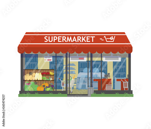 Vector illustration of supermarket building front view and interior. Food market showcase. Shop exterior. Shelves with products, shopping cart. Flat style.