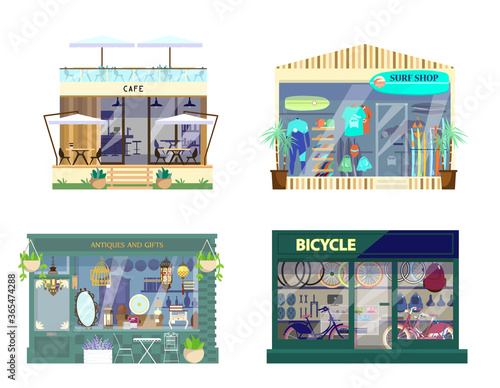Fototapeta Naklejka Na Ścianę i Meble -  Vector set of shops exteriors. Bycicle shop, cafe with terrace on the roof, antiques and gifts, surf shop. Flat cartoon style.
