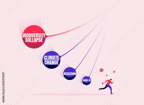Man running in front of falling crisis balls. Covid, financial recession, climate change, biodiversity collapse for mankind. Global economy natural disaster in future. Vector concept illustration.