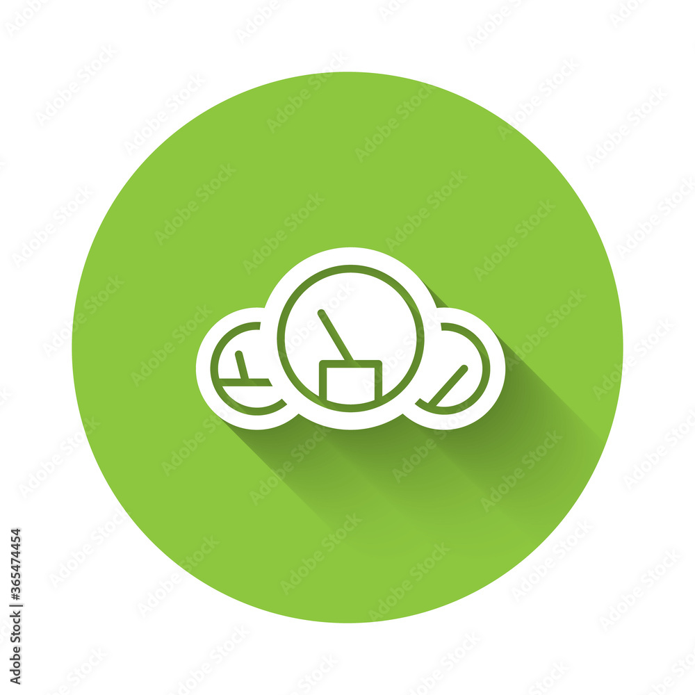White Speedometer icon isolated with long shadow. Green circle button. Vector Illustration. White Speedometer icon isolated with long shadow. Green circle button. Vector Illustration.