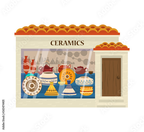 Vector illustration of ceramics shop front. Pottery store showcase. Authentic hand-made crokcery.