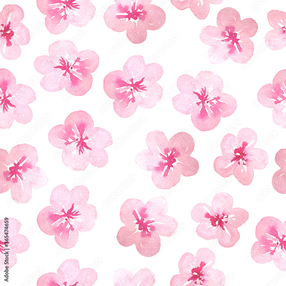 Fototapeta premium Watercolor hand drawn seamless pattern with pink cherry sakura flowers blossom bloom. Japanese Chinese Asian plant concept delicate elegant soft floral design illustration. Botanical cute elements.