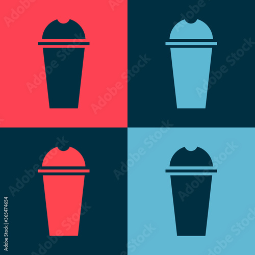 Pop art Milkshake icon isolated on color background. Plastic cup with lid and straw. Vector Illustration.