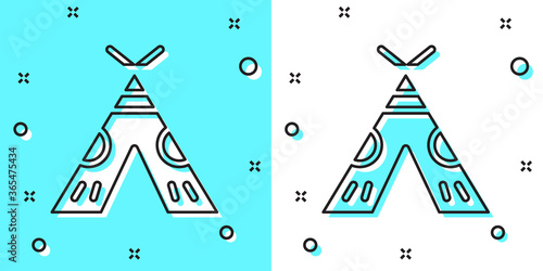 Black line Traditional indian teepee or wigwam icon isolated on green and white background. Indian tent. Random dynamic shapes. Vector Illustration.