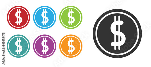 Black Coin money with dollar symbol icon isolated on white background. Banking currency sign. Cash symbol. Set icons colorful. Vector Illustration.
