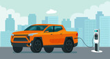 Electric pickup truck car on a background of abstract cityscape. Electric car is charging. Vector flat illustration.