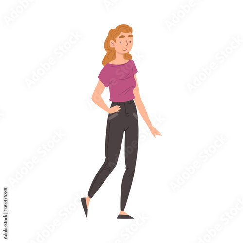 Smiling Beautiful Woman in Casual Clothes Cartoon Style Vector Illustration on White Background