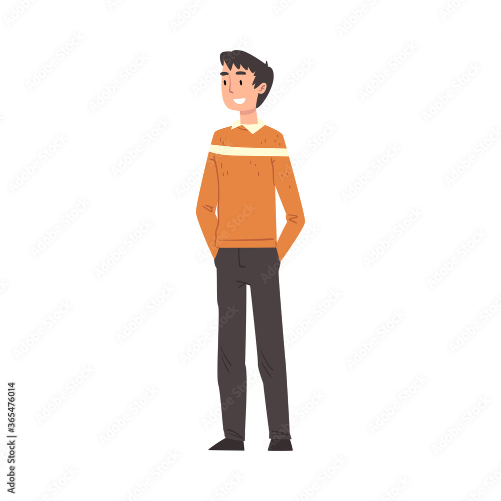Smiling Young Man Wearing Casual Clothes Cartoon Style Vector Illustration on White Background
