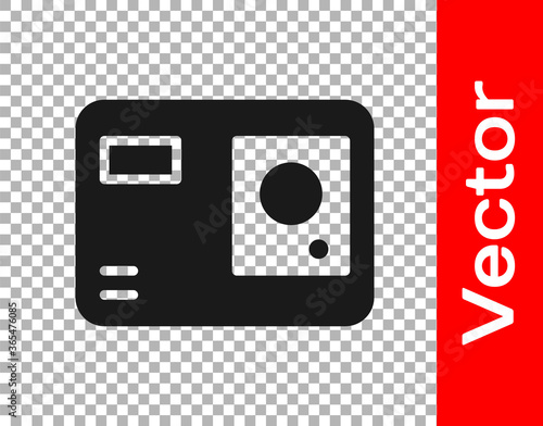 Black Action extreme camera icon isolated on transparent background. Video camera equipment for filming extreme sports. Vector Illustration.