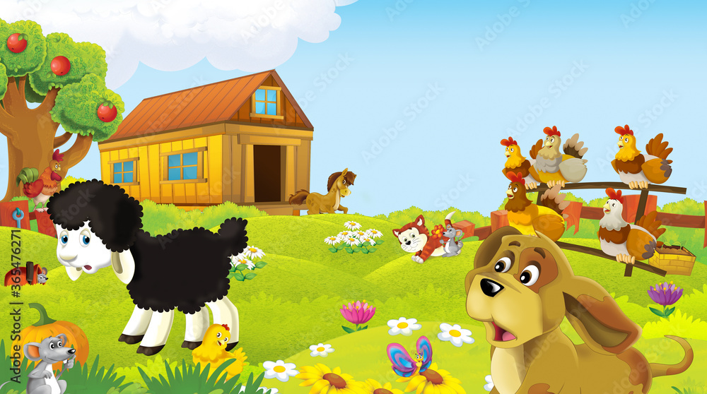 Naklejka premium cartoon scene with farm animal on ranch farm having fun illustration