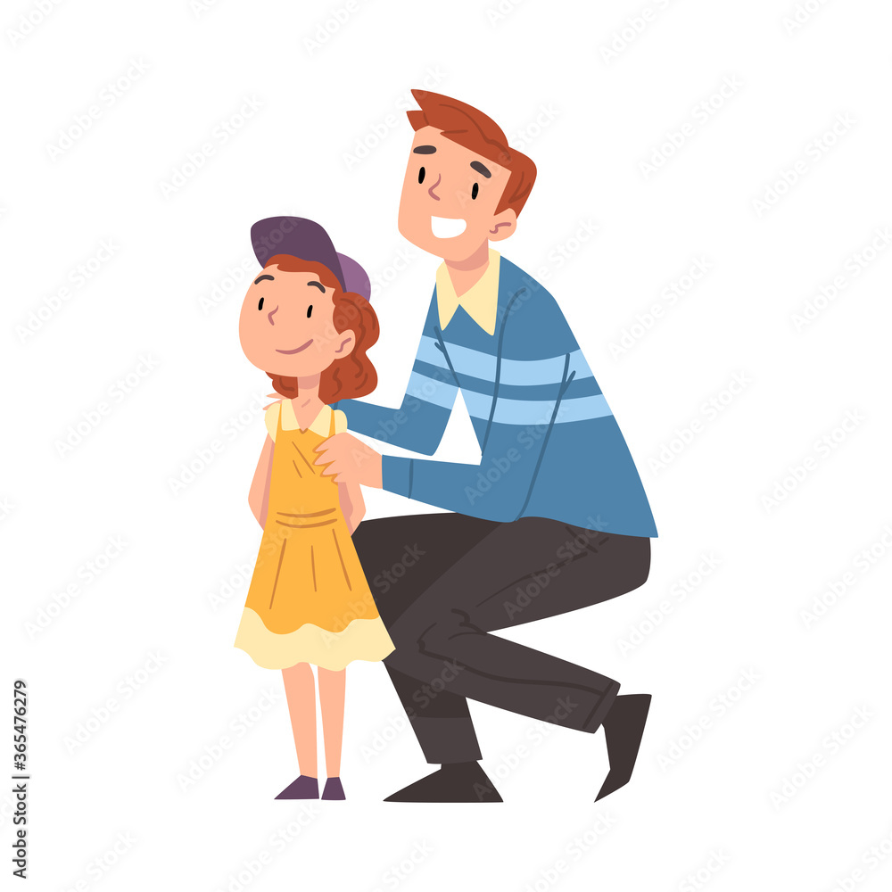 Happy Smiling Father and his Little Daughter Posing Together Cartoon Style Vector Illustration on White Background Happy Smiling Father and his Little Daughter Posing Together Cartoon Style Vector Illustration on White Background