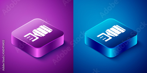 Isometric Water cooler for office and home icon isolated on blue and purple background. Water dispenser. Bottle office, plastic and liquid. Square button. Vector Illustration.