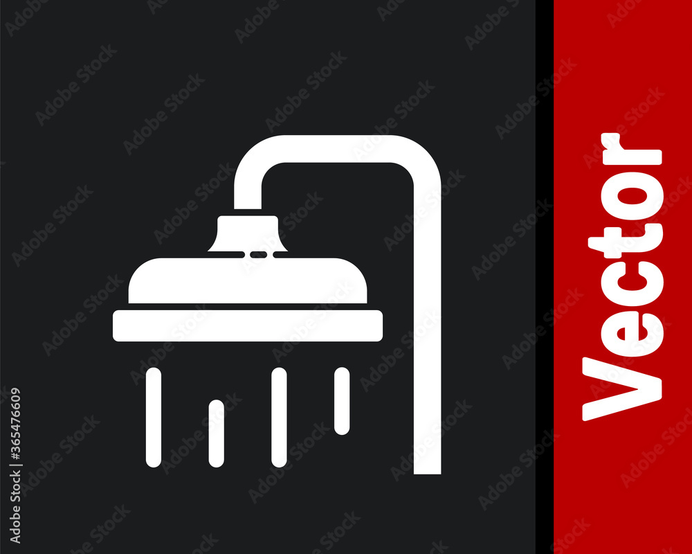 White Shower head with water drops flowing icon isolated on black background. Vector Illustration. White Shower head with water drops flowing icon isolated on black background. Vector Illustration.