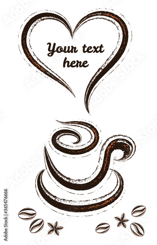 Hand drawn in sketchy style cup of coffe with heart steam and copyspace for text, with badian and coffee beans on white background. I love coffee vector concept