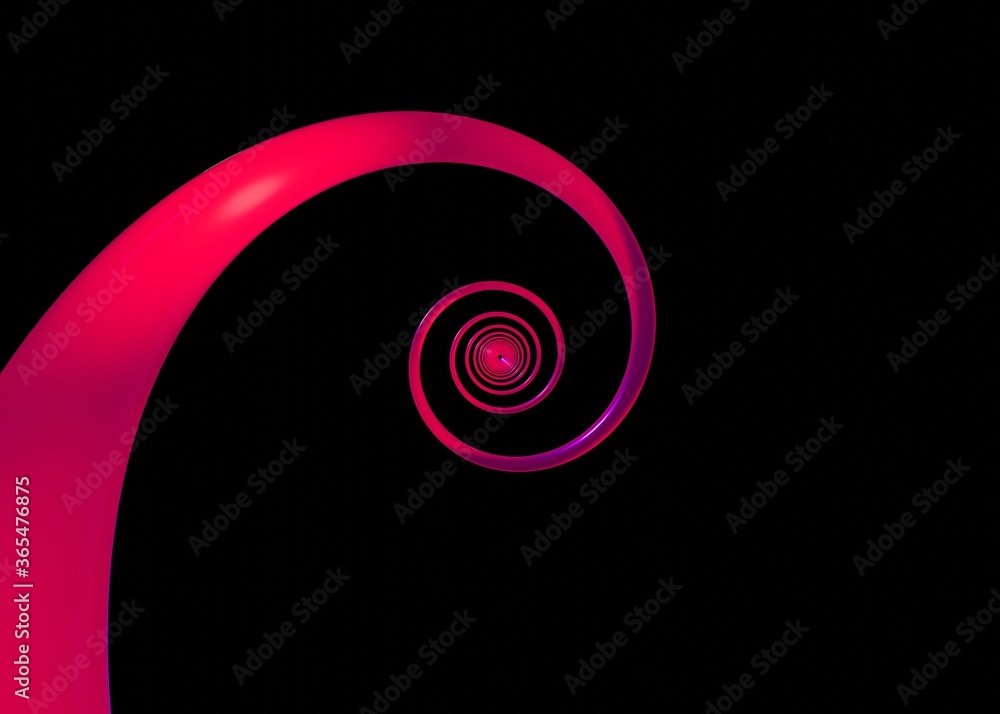 Single pink spiral on black background. Simple abstract design for background. 3D rendering. Single pink spiral on black background. Simple abstract design for background. 3D rendering.