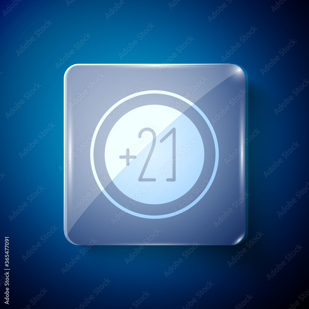 White Alcohol 21 plus icon isolated on blue background. Prohibiting alcohol beverages. Square glass panels. Vector Illustration. White Alcohol 21 plus icon isolated on blue background. Prohibiting alcohol beverages. Square glass panels. Vector Illustration.