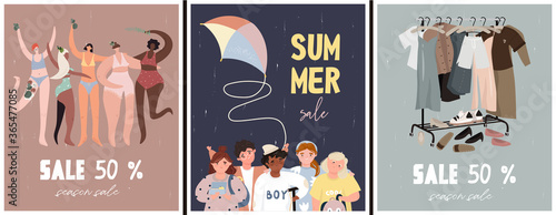 Seasonal sale, discounts. Posters with happy children, multicultural models and trendy clothes for seasonal discounts and summer clothing sales. Nice vector flat illustration in cartoon style.