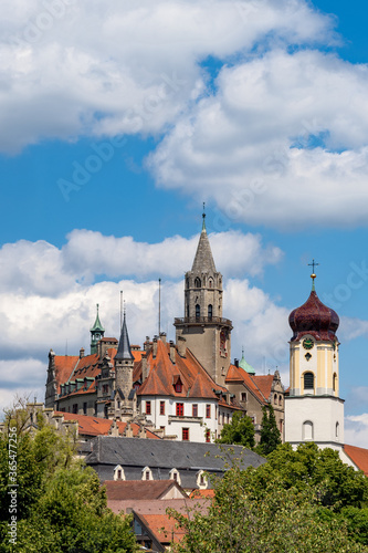 vertical skyline view of Sigmaringen with the castle church and theater