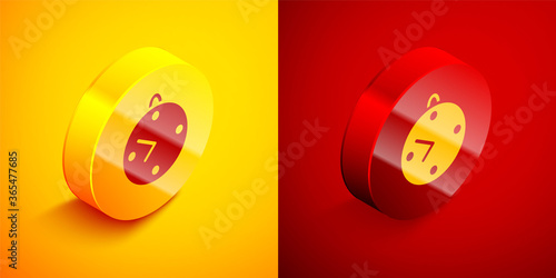 Isometric Clock icon isolated on orange and red background. Time symbol. Circle button. Vector Illustration.