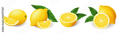 Realistic bright yellow lemon with green leaf whole and sliced set