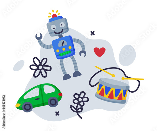 Robot  Car  Drum Baby Toys Set  Kids Game Various Objects Cartoon Vector Illustration