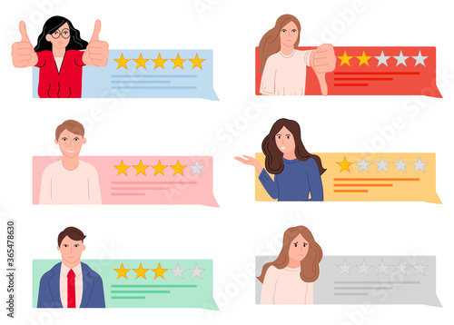 Feedback speech bubble set with different persons vector illustration cartoon flat design