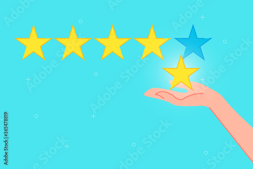 Feedback concept hand give four star rating cartoon flat vector illustration modern style