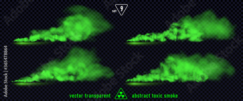 Green smoke set 9 isolated on transparent background. Magic mist cloud, chemical toxic gas, steam waves, realistic set of green bad smell. Realistic illustration. Vector.