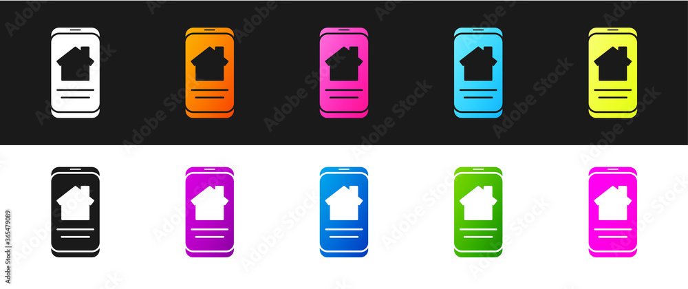 Set Online real estate house on smartphone icon isolated on black and white background. Home loan concept, rent, buy, buying a property. Vector Illustration. Set Online real estate house on smartphone icon isolated on black and white background. Home loan concept, rent, buy, buying a property. Vector Illustration.