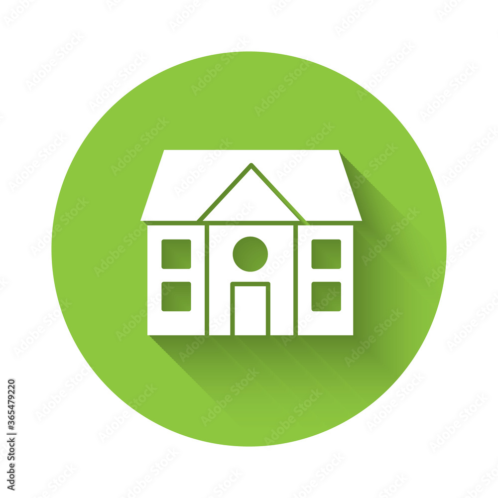 White House icon isolated with long shadow. Home symbol. Green circle button. Vector Illustration. White House icon isolated with long shadow. Home symbol. Green circle button. Vector Illustration.
